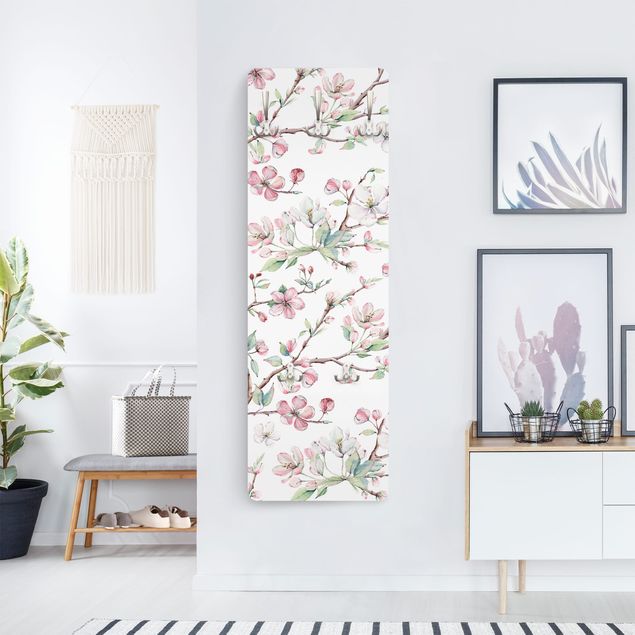 White wall coat rack Watercolour Branches Of Apple Blossom In Light Pink And White