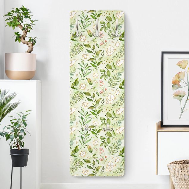 Wall mounted coat rack flower Watercolour Leaves With Golden Crystals