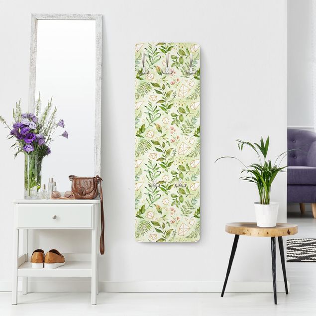 Green coat rack Watercolour Leaves With Golden Crystals