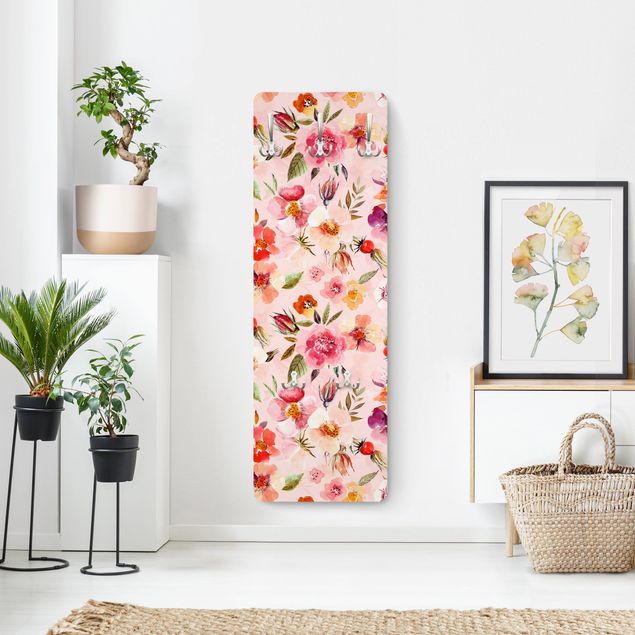 Wall mounted coat rack Watercolour Flowers On Light Pink