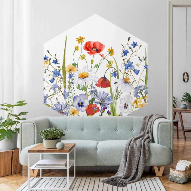 Floral wallpaper Watercolour Flower Meadow With Poppies