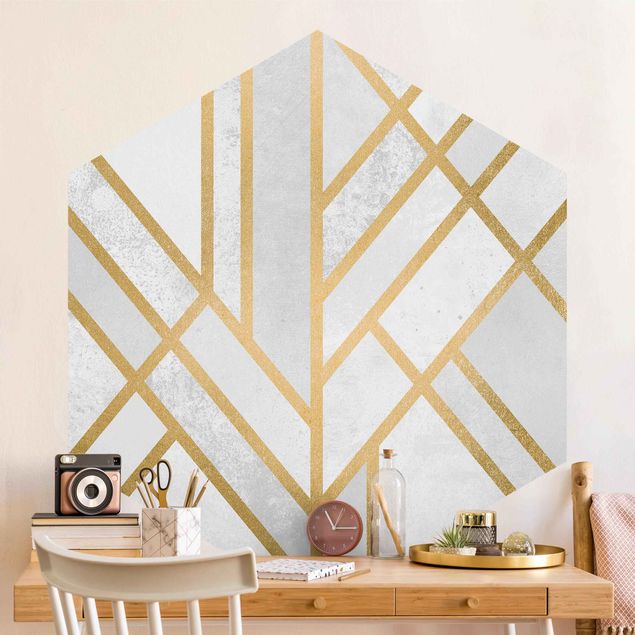 Geometric pattern wallpaper Art Deco Geometry White Gold