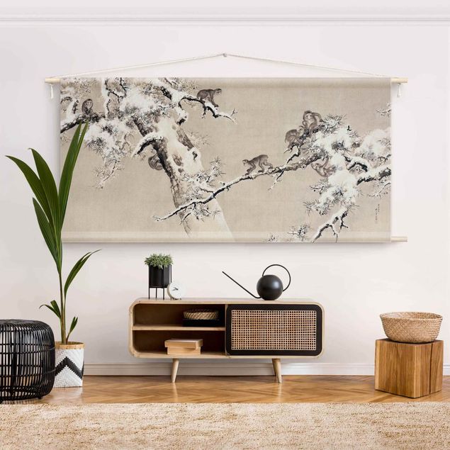 Landscape canvas prints Asian Drawing - Monkeys In The Snow