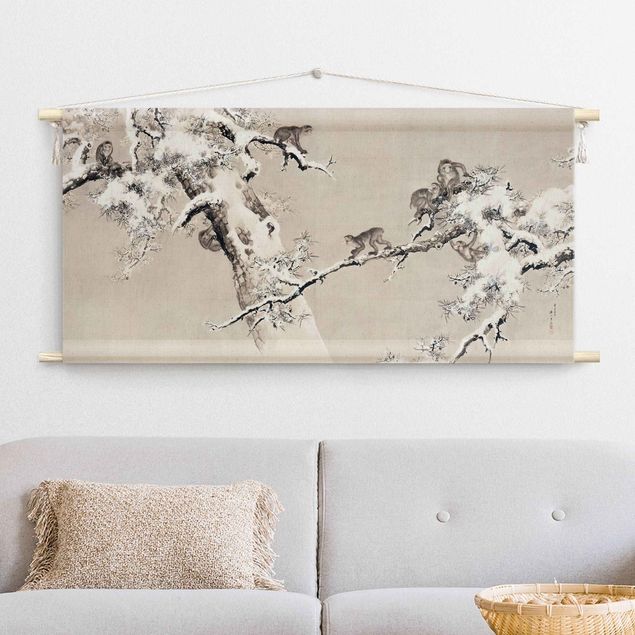 modern wall tapestry Asian Drawing - Monkeys In The Snow