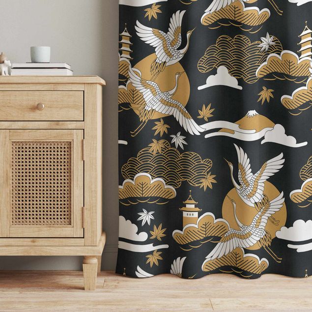 custom curtain Asian Pattern With Cranes In Autumn