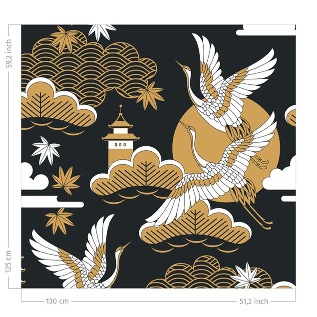 contemporary curtains Asian Pattern With Cranes In Autumn