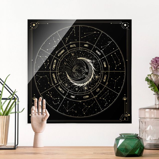 Glass prints spiritual Astrology Moon And Zodiac Signs Black
