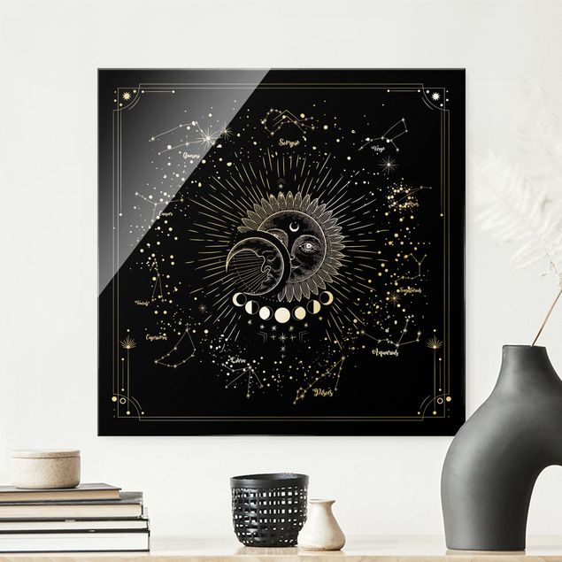 Glass prints spiritual Astrology Sun Moon And Stars Black