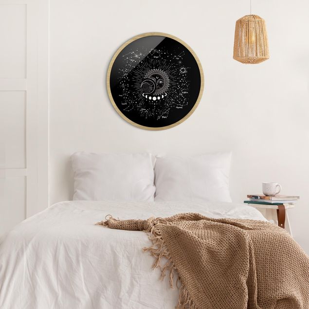 Framed prints round Astrology Sun Moon And Stars Black