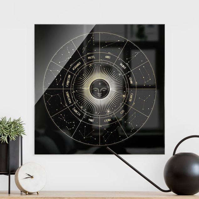 Glass prints spiritual Astrology Zodiac Sign In A Sun Circle Black