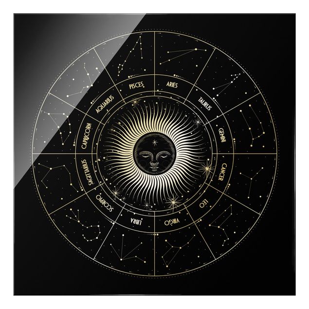 Prints Astrology Zodiac Sign In A Sun Circle Black