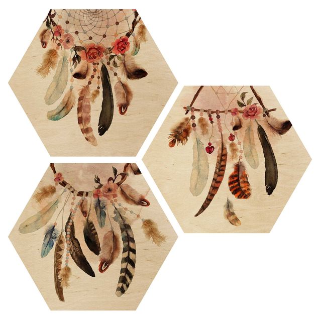 Prints on wood Watercolour Dream Catcher With Feathers