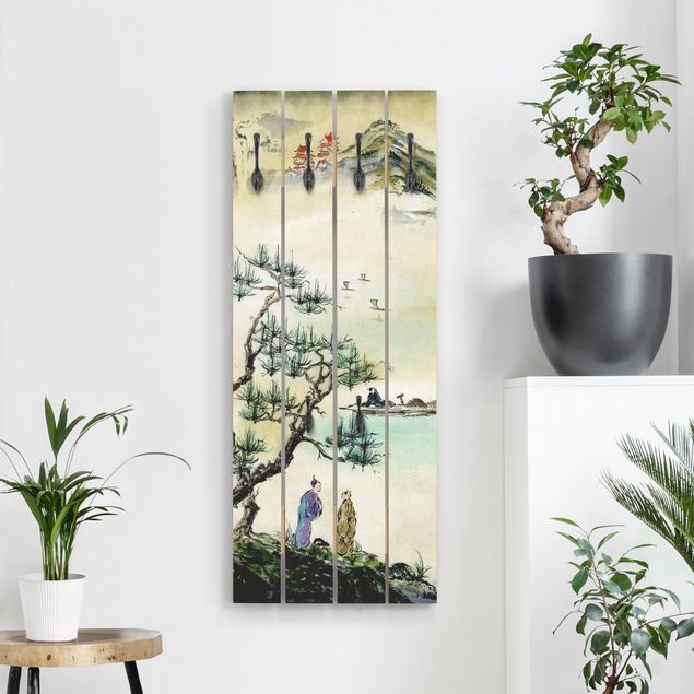 Wall mounted coat rack landscape Japanese Watercolour Drawing Pine And Mountain Village