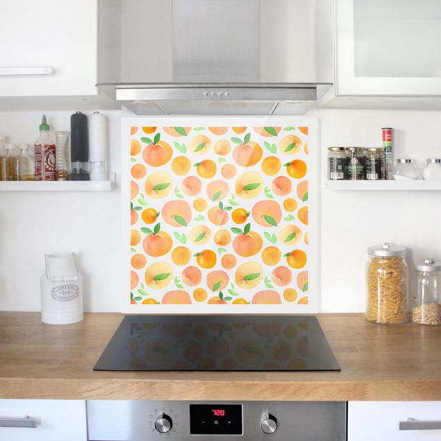 Glass splashback kitchen fruits and vegetables Watercolour Oranges With Leaves In White Frame