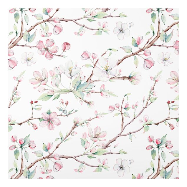 Glass splashback kitchen Watercolour Branches Of Apple Blossom In Light Pink And White