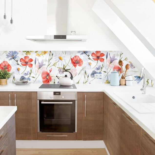 Kitchen splashback patterns Watercolour Poppy With Cloverleaf