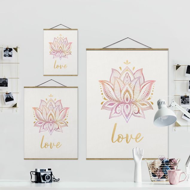 Fabric print with posters hangers Mandala Namaste Lotus Set Gold Light Pink