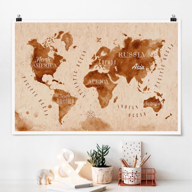 Kitchen World Map Watercolour Beige Brown