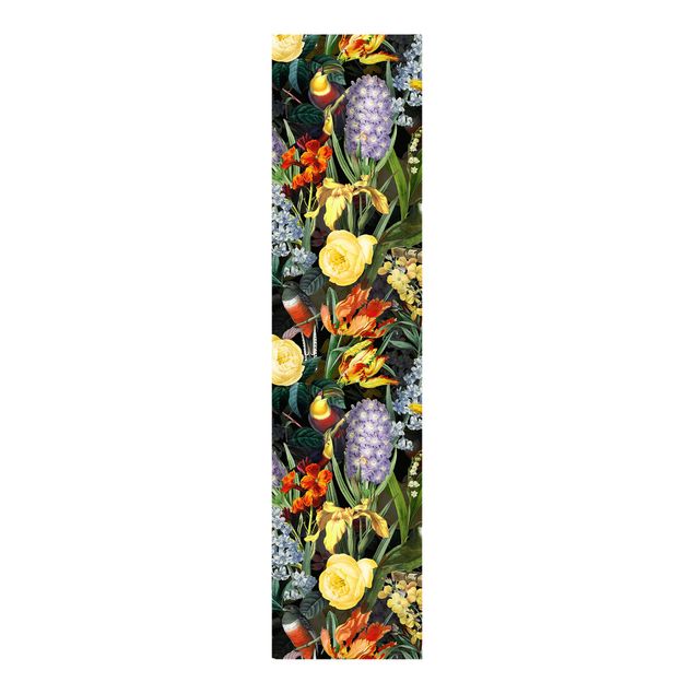 Sliding panel curtains flower Flowers With Colourful Tropical Birds