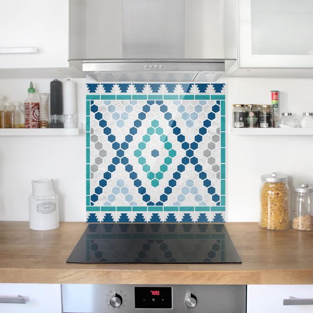 Glass splashback tiles Moroccan tile pattern turquoise blue