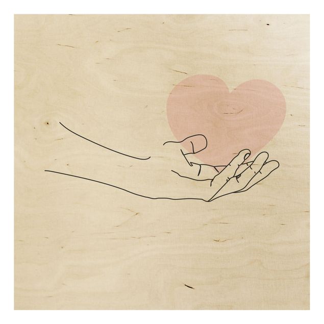 Prints on wood Hand With Heart Line Art