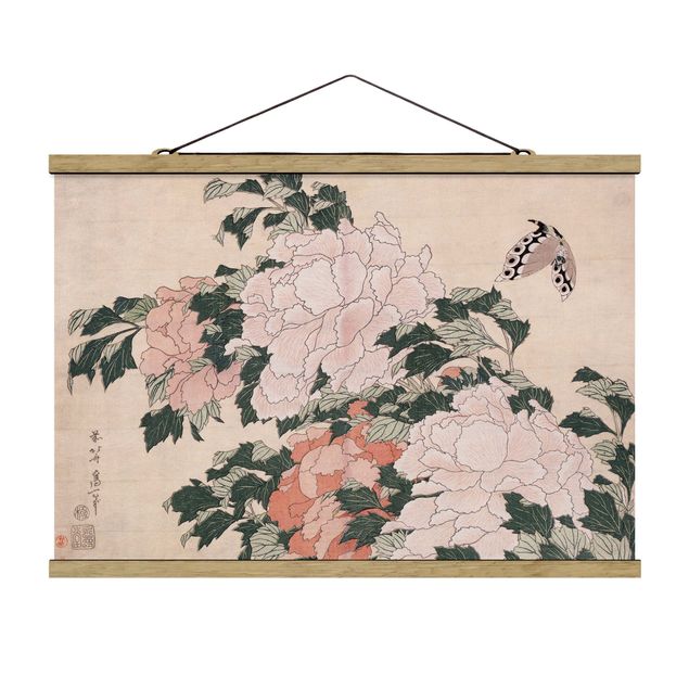 Art posters Katsushika Hokusai - Pink Peonies With Butterfly
