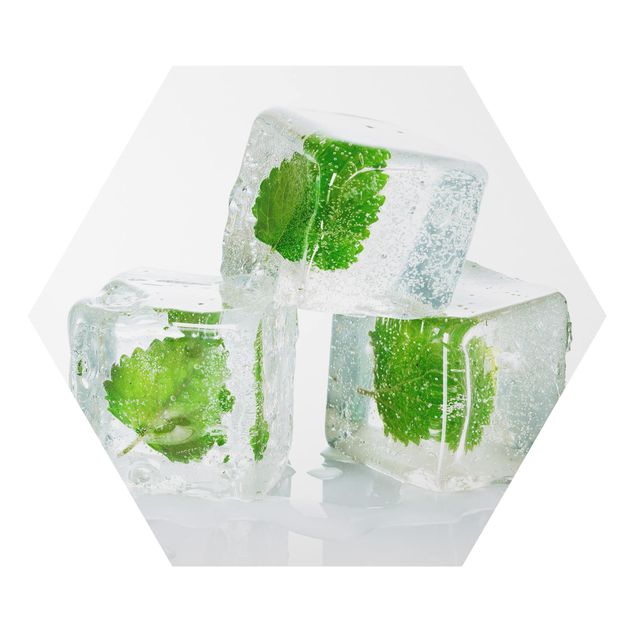 Hexagonal prints Three Ice Cubes With Lemon Balm