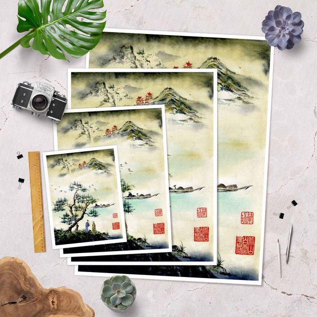 Green art prints Japanese Watercolour Drawing Pine And Mountain Village