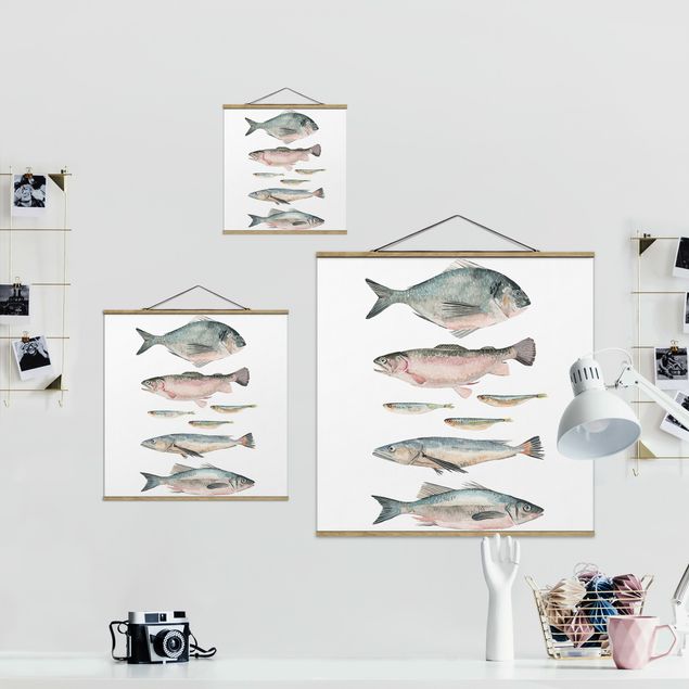 Fabric print with posters hangers Seven Fish In Watercolour II