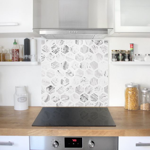 Patterned glass splashbacks Marble Hexagons In Greyscales
