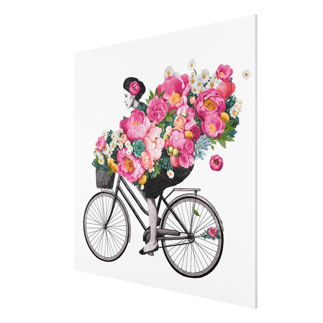 Floral canvas Illustration Woman On Bicycle Collage Colourful Flowers