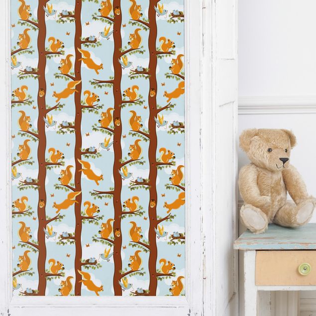 Adhesive films for furniture frosted Cute Kids Pattern With Squirrels And Baby Birds