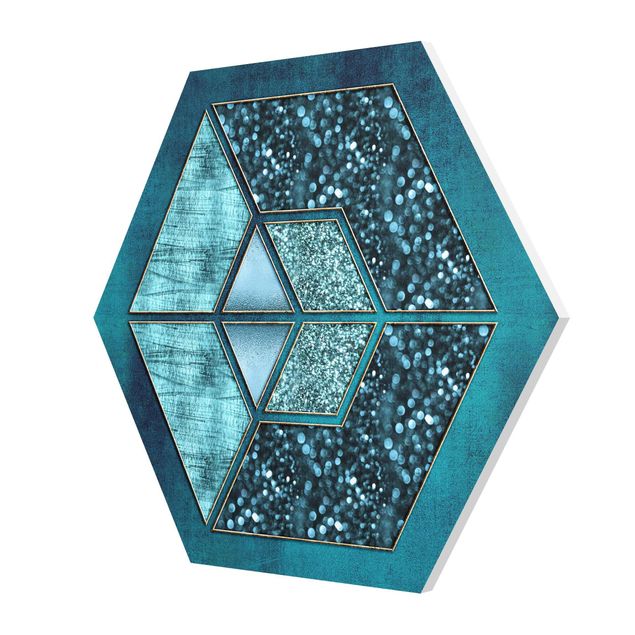 Prints blue Blue Hexagon With Gold Outline