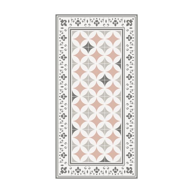 tile effect rug Geometrical Tiles Circular Flowers Orange With Border