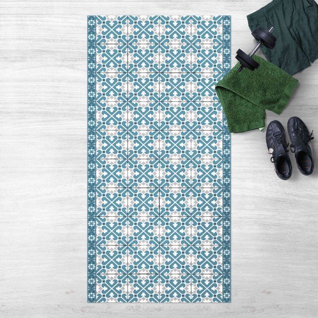 outdoor patio rugs Geometrical Tile Mix Hearts Blue Grey