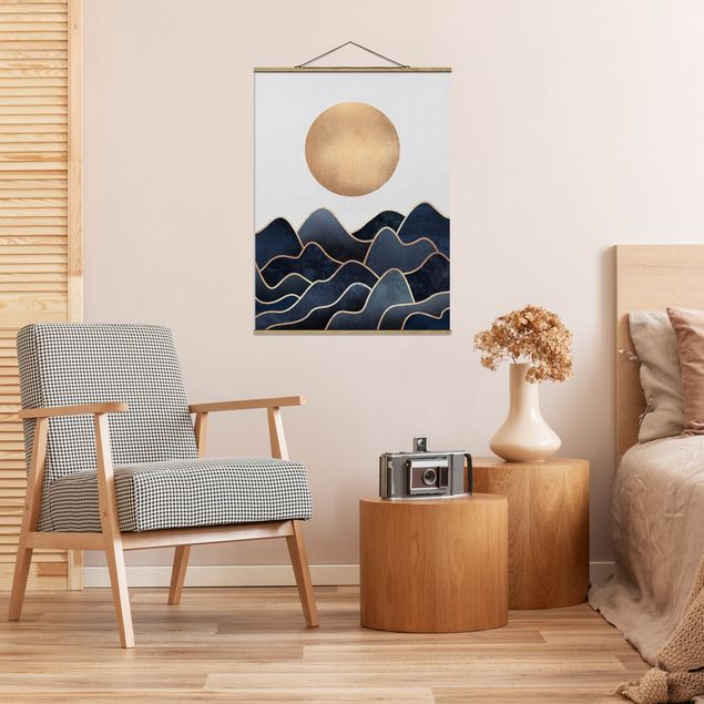 Mountain art prints Golden Sun Blue Waves