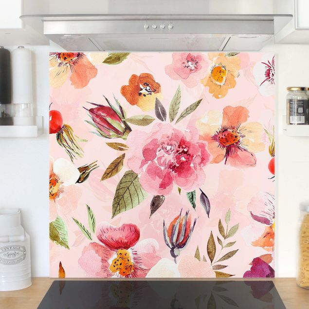 Kitchen Watercolour Flowers On Light Pink