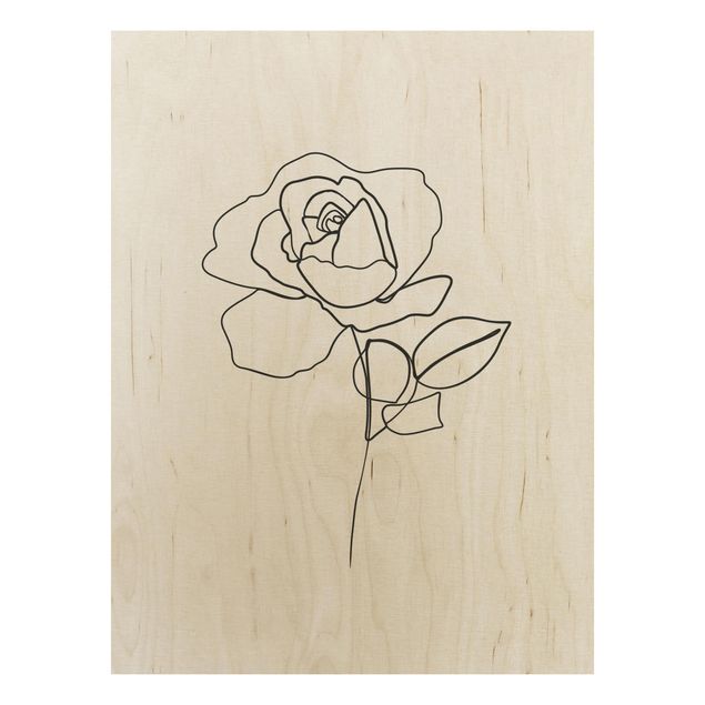 Wood prints flower Line Art Rose Black White