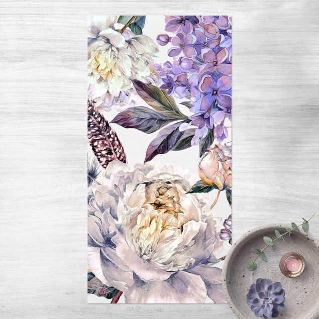 outdoor patio rugs Delicate Watercolour Boho Flowers And Feathers Pattern
