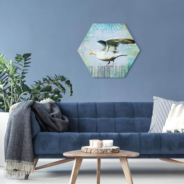 Canvas art Vintage Collage - Seagull On Wooden Planks