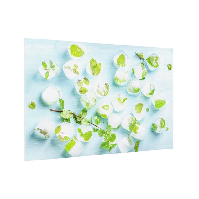 Glass splashback Ice Cubes With Mint Leaves