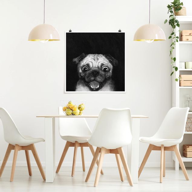 Art prints Illustration Dog Pug Painting On Black And White