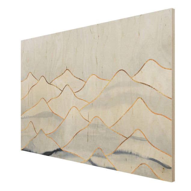 Wood prints landscape Watercolour Mountains White Gold