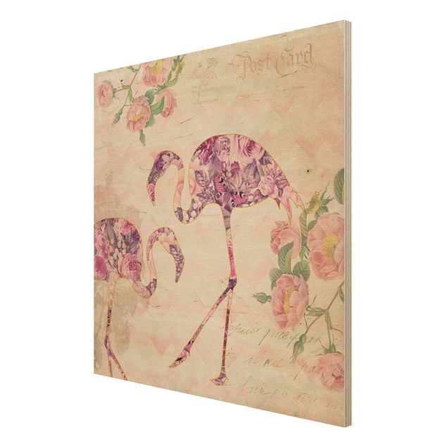 Vintage wood prints Vintage Collage - Pink Flowers Flamingos