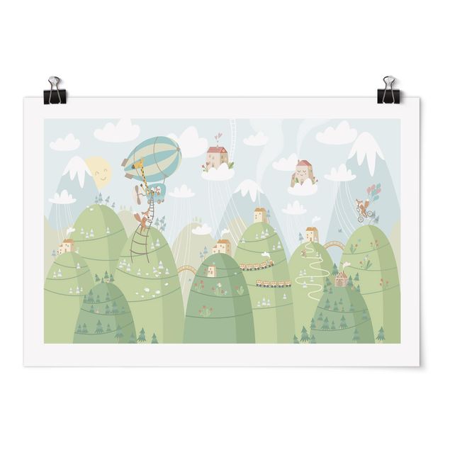 Mountain wall art Forest With Houses And Animals
