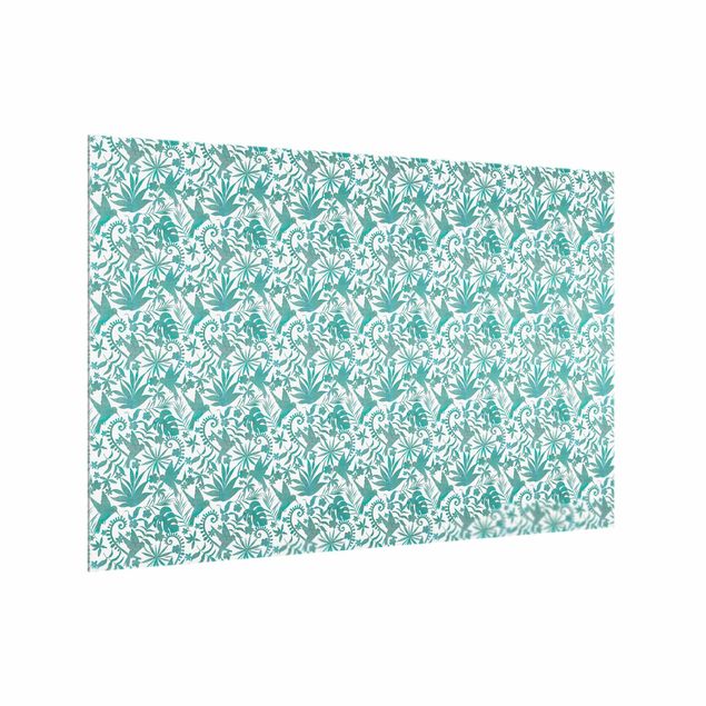 Glass splashback kitchen flower Watercolour Hummingbird And Plant Silhouettes Pattern In Turquoise