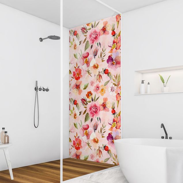 Shower wall cladding Watercolour Flowers On Light Pink