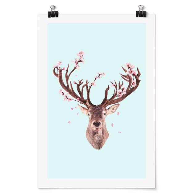 Posters art print Deer With Cherry Blossoms