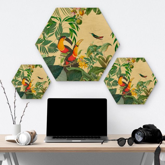 Prints on wood Vintage Collage - Birds In The Jungle