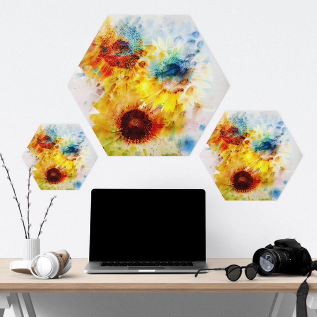 Hexagon shape pictures Watercolour Flowers Sunflowers